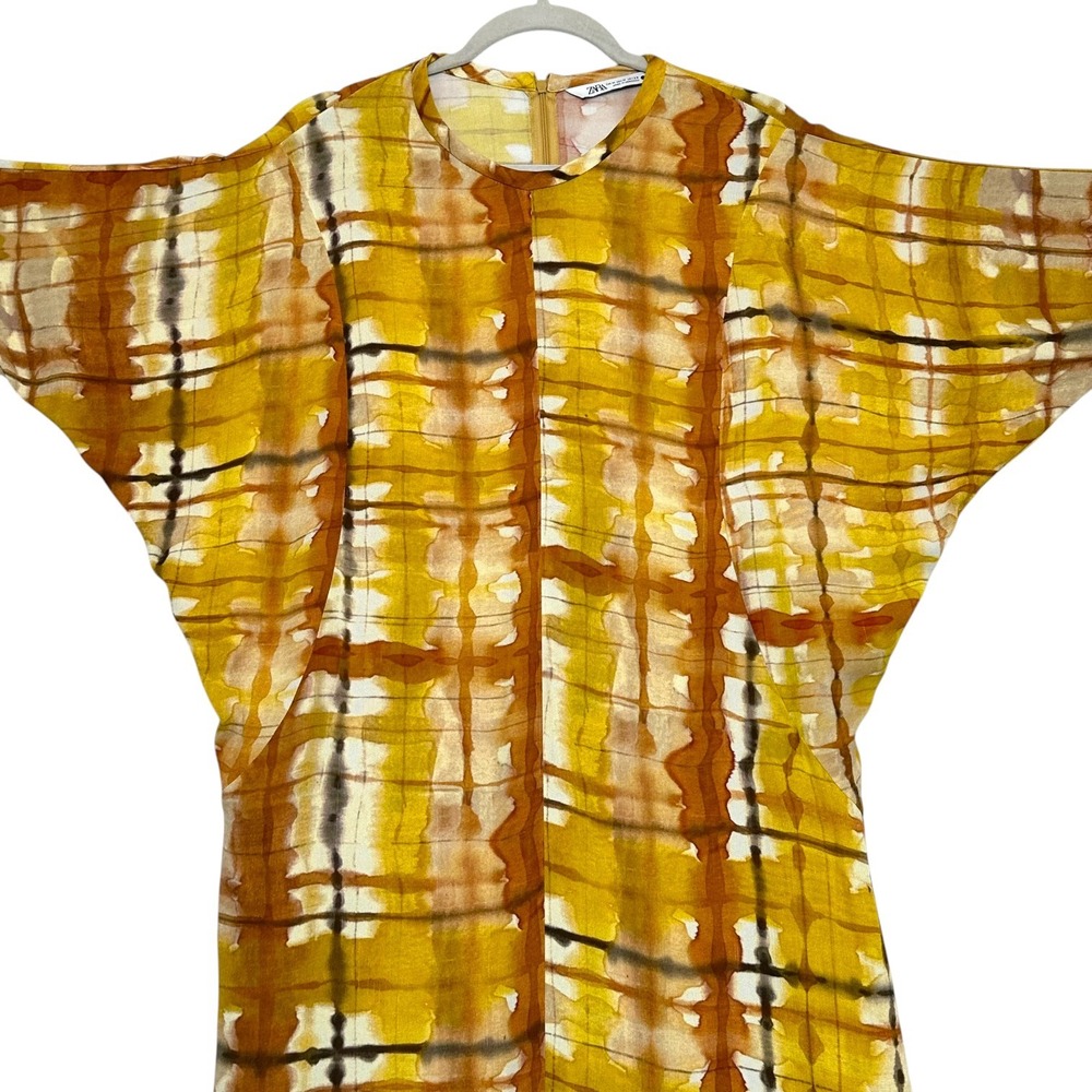Zara Dress Tie Dye Plaid Print Dolman Sleeve Maxi Mustard Yellow M Blogger Fav - Picture 7 of 16